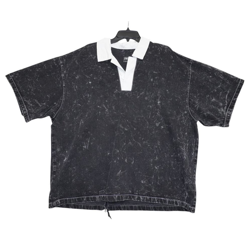 Zara Acid Wash Rugby Polo Shirt Men's XL Oversized Streetwear Goth Grunge Black - Picture 3 of 7